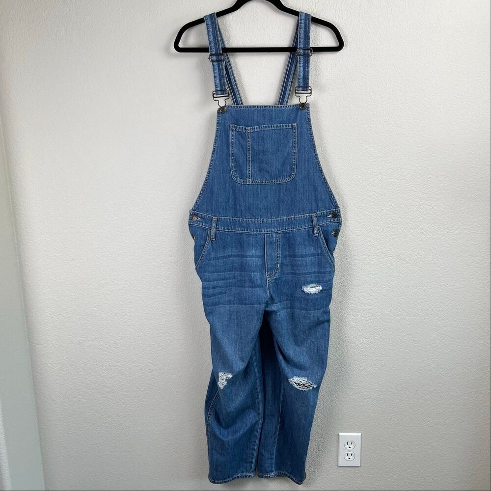Gap Outlet Distressed Blue Denim Racerback Utility Bib Ripped Crop Overalls L - Picture 1 of 14